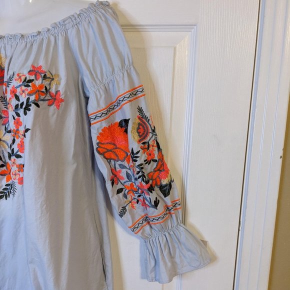 Free People Pale Blue Boho Embroidered Off Shoulder Neckline Mini Dress - XS - Picture 4 of 11